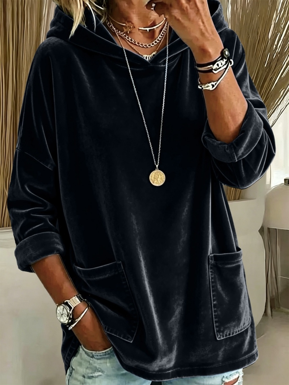 Full Size Velvet Long Sleeve Hoodie with Front Pockets Plus Size